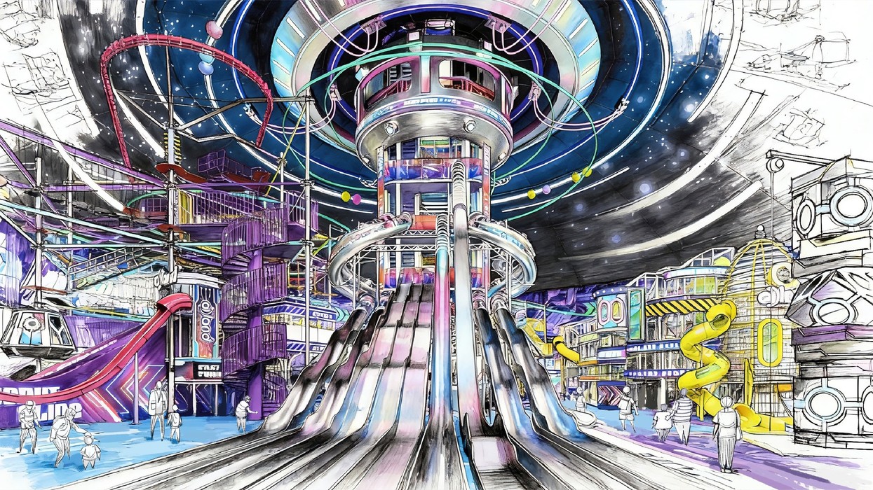 Futuristic indoor playground with slides, colorful structures, and a starry ceiling.