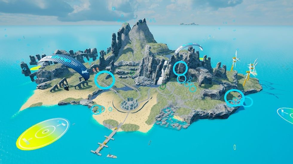 Futuristic island with wind turbines, geometric structures, and blue digital overlays.