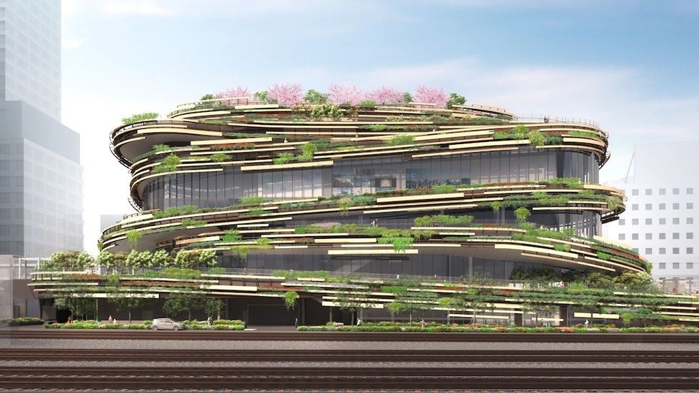 Futuristic, layered building with lush greenery and rooftop gardens. Render of MoN Takanawa: The Museum of Narratives in Tokyo, Japan