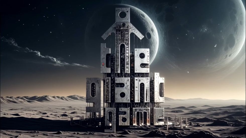 Futuristic metallic text saying The Giant Company in lunar landscape under a dark, starry sky.