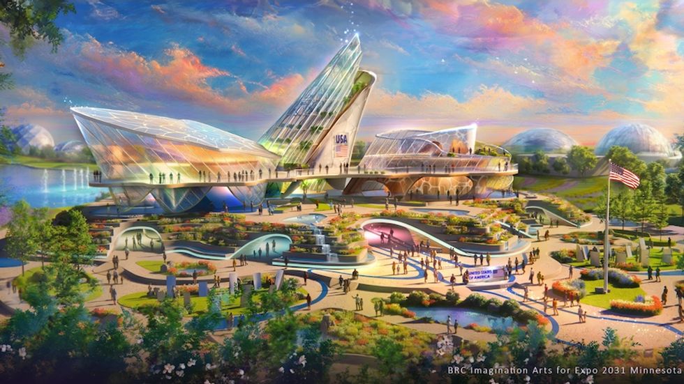 Futuristic pavilion with gardens at Expo 2031 Minnesota, vibrant sky backdrop.
