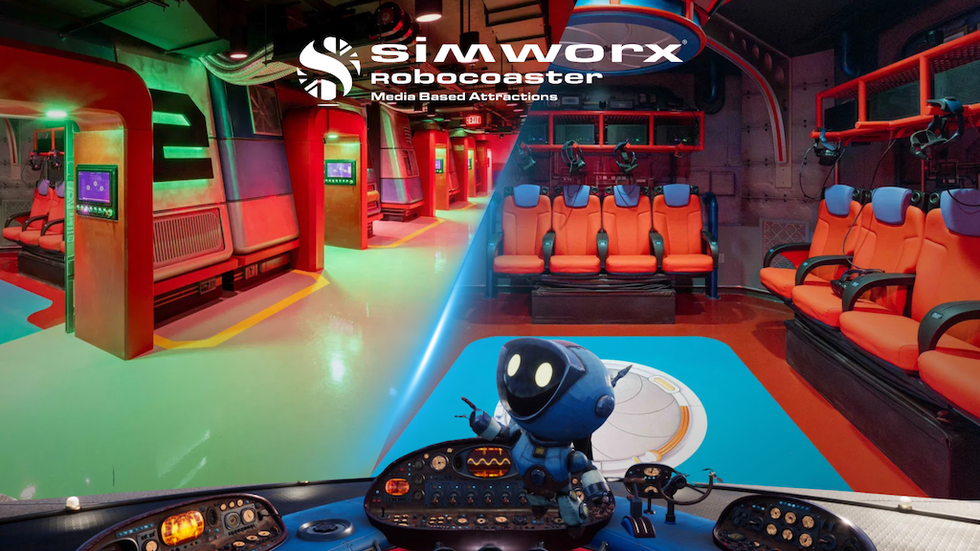 Futuristic ride experience with robot guide and vibrant seating.
