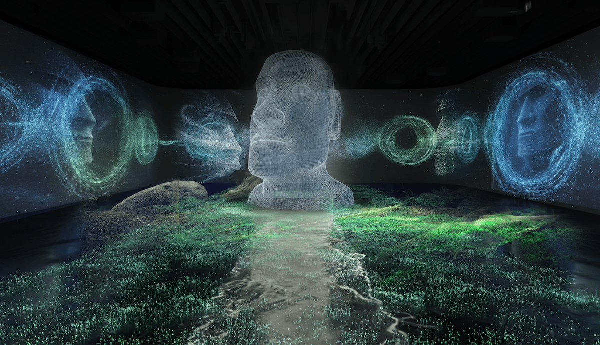 Futuristic room with holographic faces and glowing green digital landscape, Timewalk immersive experience