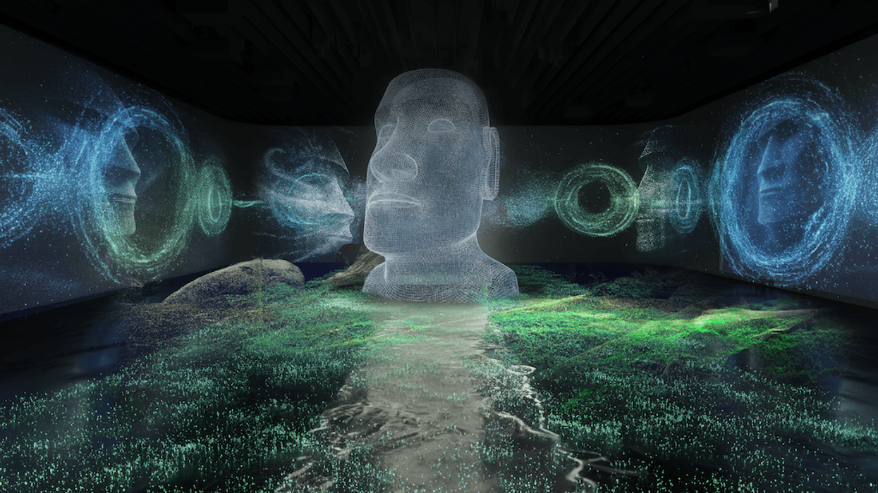 Futuristic room with holographic faces and glowing green digital landscape, Timewalk immersive experience