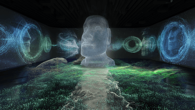 Futuristic room with holographic faces and glowing green digital landscape, Timewalk immersive experience