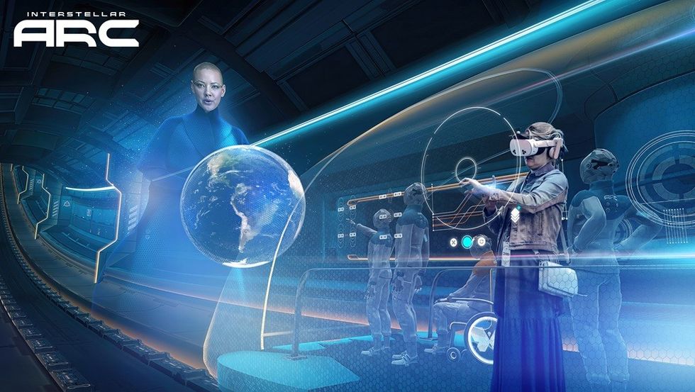 Futuristic scene with a virtual Earth hologram and person using VR in a high-tech environment.