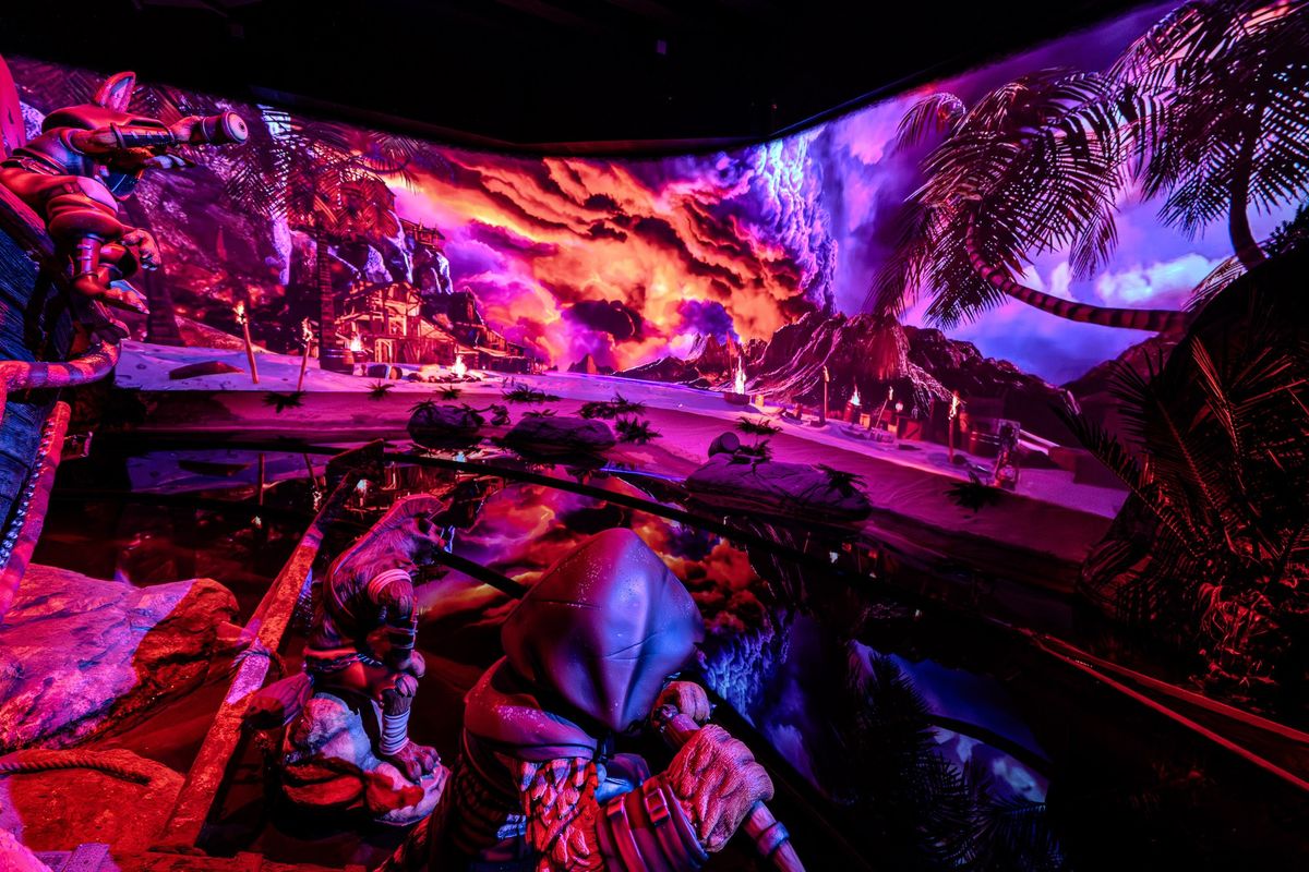 Futuristic scene with explorers, tropical landscape, and vibrant pink-orange sky.