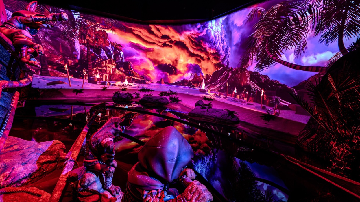 Futuristic scene with explorers, tropical landscape, and vibrant pink-orange sky.