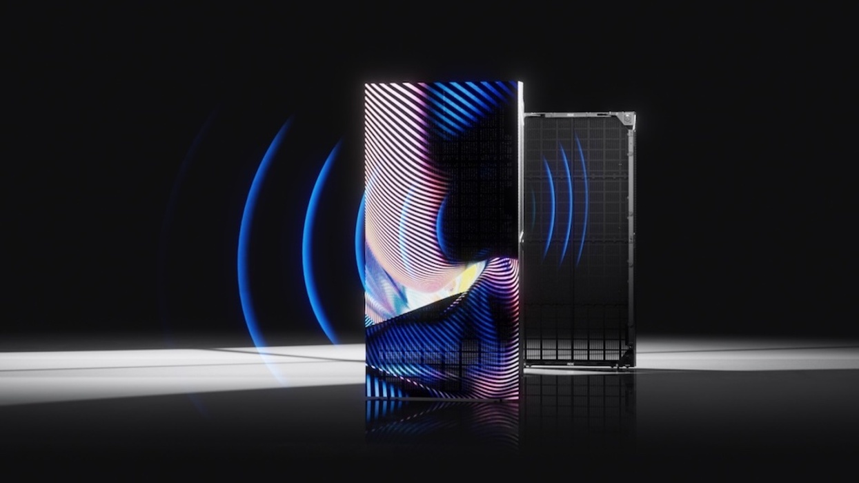 Futuristic server, Vanish Acoustics LED panel, with glowing blue arcs and digital wave patterns on a dark background.