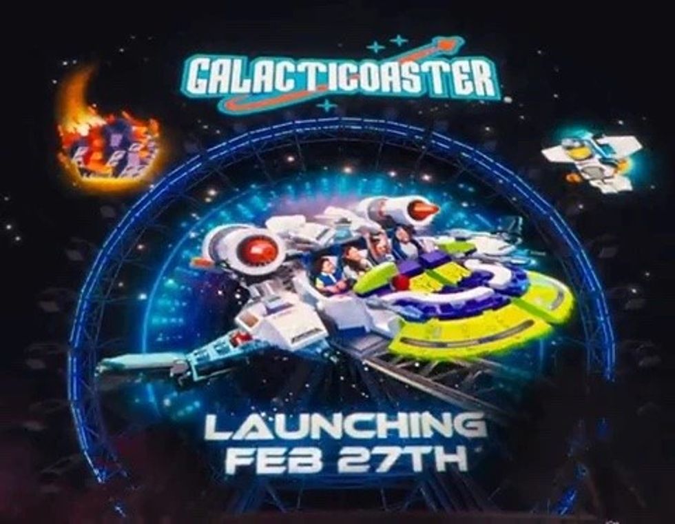 Futuristic space roller coaster ad, "Galacticoaster," launching February 27th.