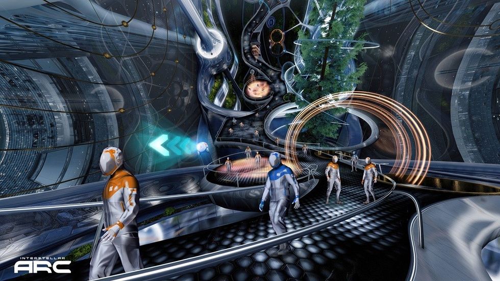 Futuristic space station interior with people in suits and large tree.