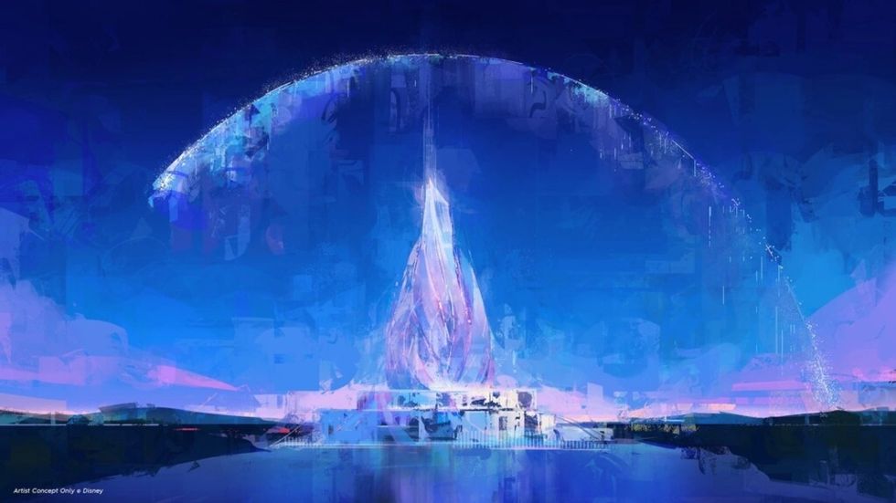 Futuristic structure called Disneyland Abu Dhabi with a blue, glowing arch and tall spire against a dark sky