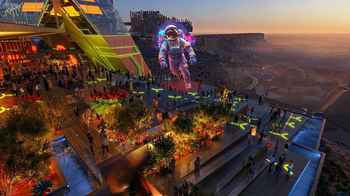 Futuristic terrace party with neon lights and holographic astronaut at sunset at Qiddiya