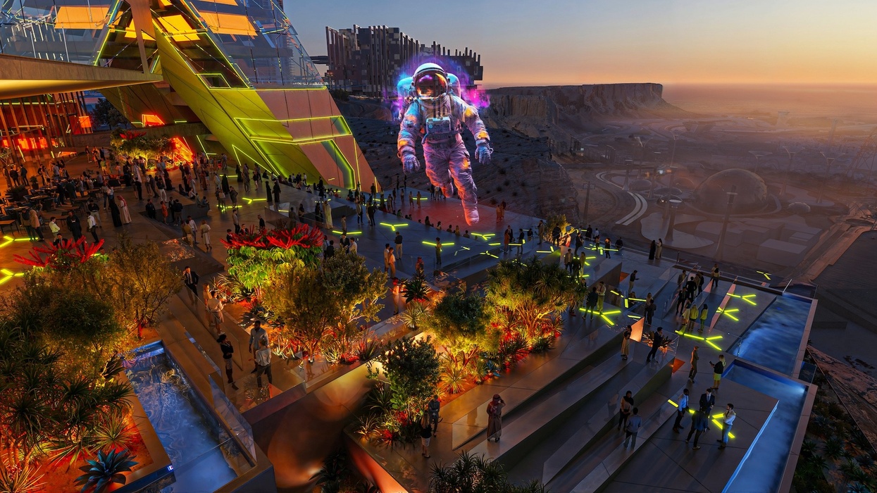 Futuristic terrace party with neon lights and holographic astronaut at sunset at Qiddiya