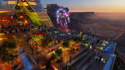 Futuristic terrace party with neon lights and holographic astronaut at sunset at Qiddiya