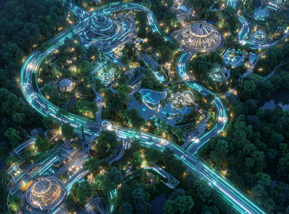 Futuristic theme park at night with glowing pathways weaving through dense greenery.