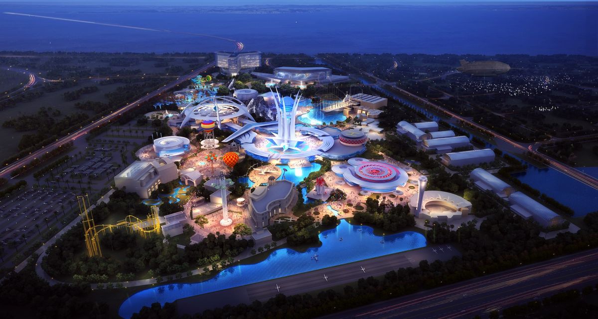 Futuristic theme park at night, with glowing rides and colorful lights, surrounded by greenery.