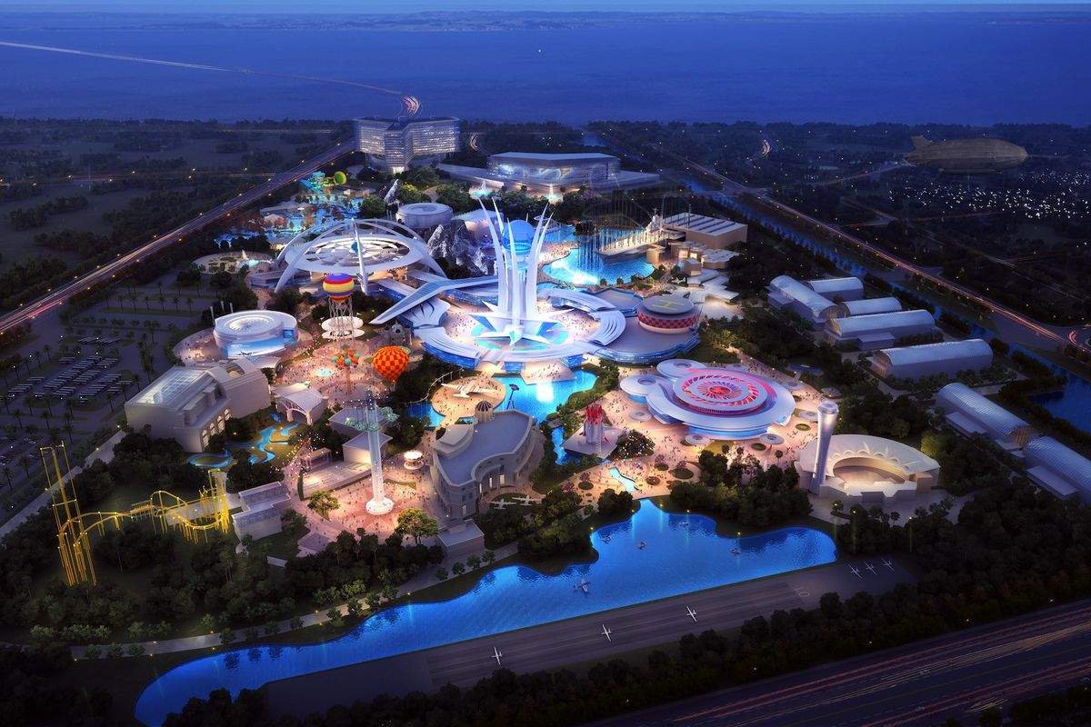 Futuristic theme park at night, with glowing rides and colorful lights, surrounded by greenery.