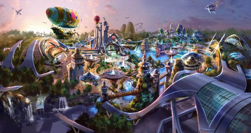 Futuristic theme park with flying machines and vibrant colors at dusk.