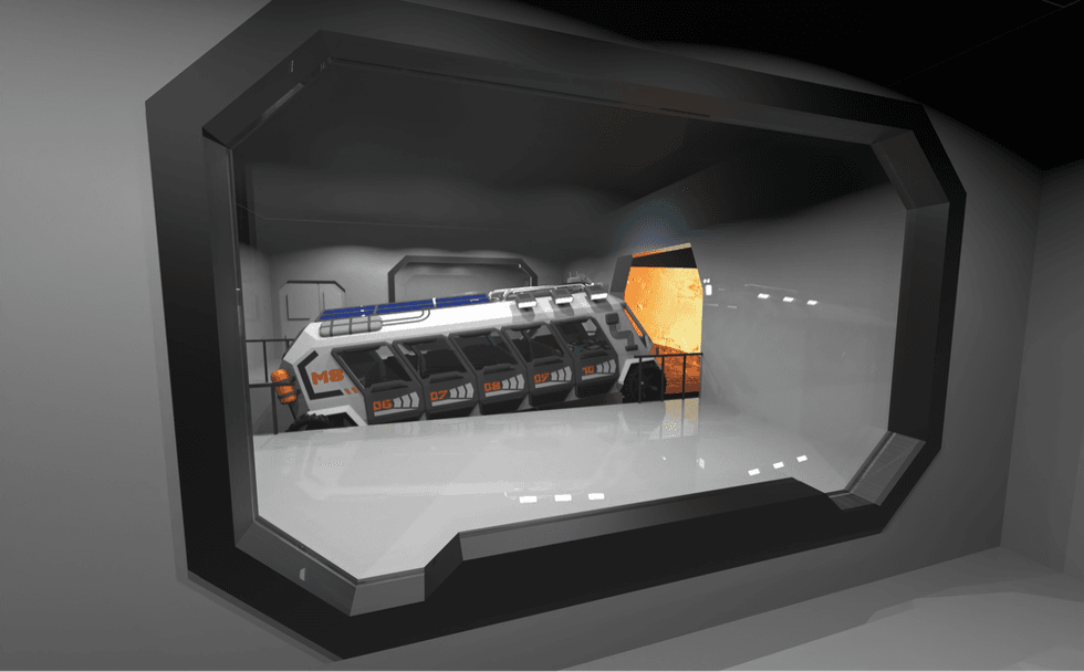 Futuristic transport pod viewed through a hexagonal window with an orange-lit backdrop.