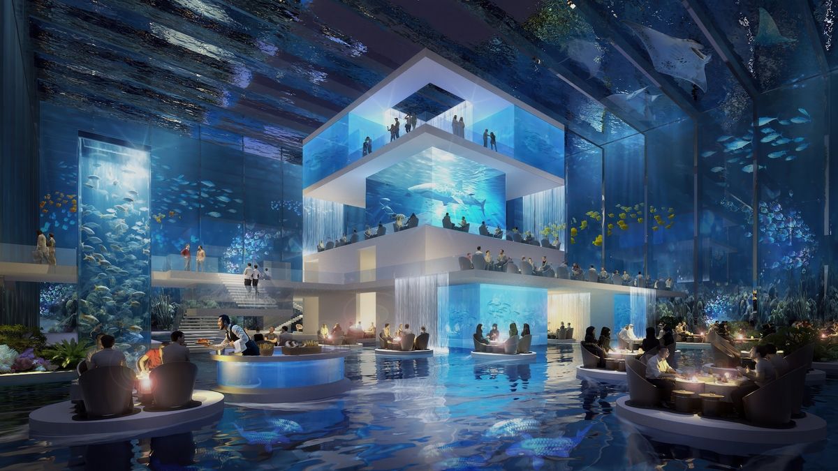 Futuristic underwater restaurant with large aquariums and dining patrons.