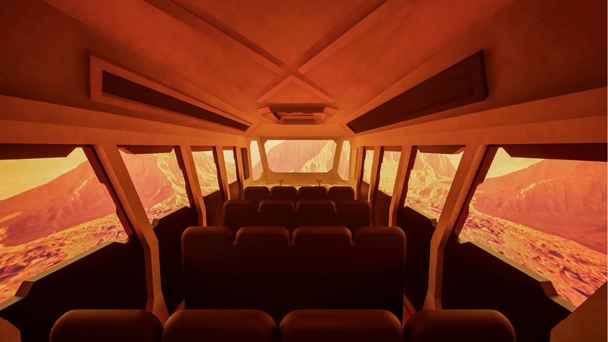Futuristic vehicle interior with Mars-like desert landscape visible through windows.