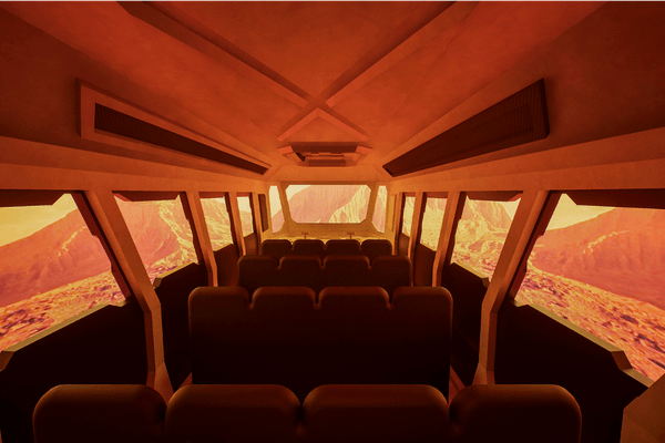Futuristic vehicle interior with Mars-like desert landscape visible through windows.