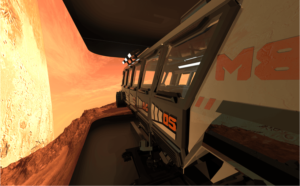 Futuristic vehicle on Mars with a view of the orange landscape and rocky terrain.