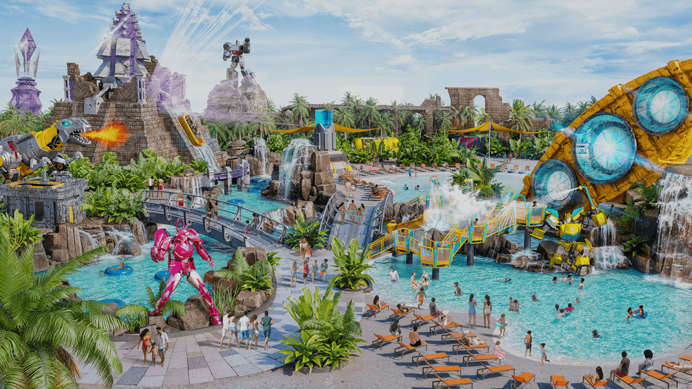Futuristic waterpark with robots, slides, waterfalls, and tropical surroundings.