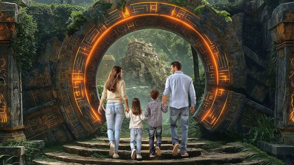 FuzionGamz concept image of family stepping through a portal towards a temple.