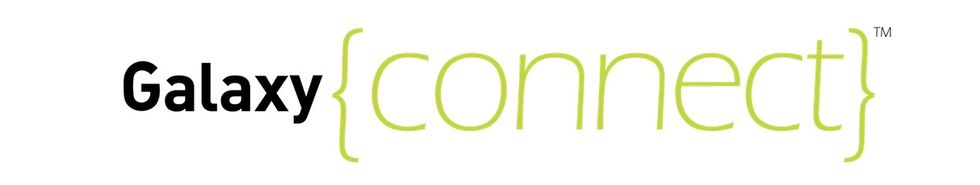 "Galaxy Connect logo with green and black text, stylized curly brackets."