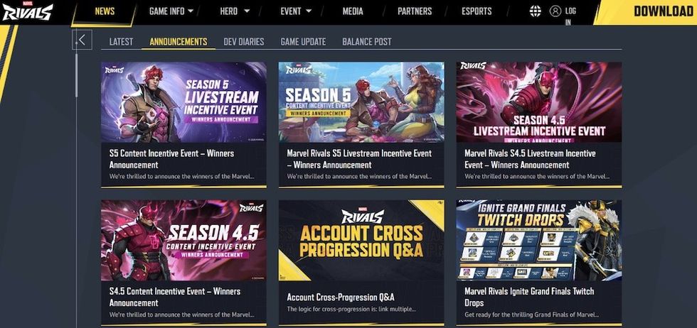Game announcements and events screen for Marvel Rivals, featuring season updates and Q&A.