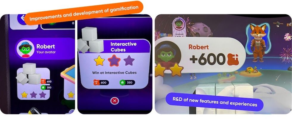 Game interface showing avatars and rewards under gamification improvements banner.