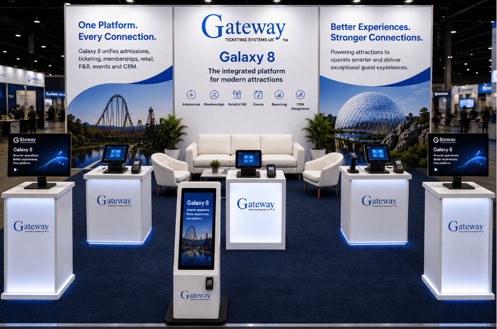 Gateway Ticketing Systems booth with Galaxy 8 platform displays at an event.