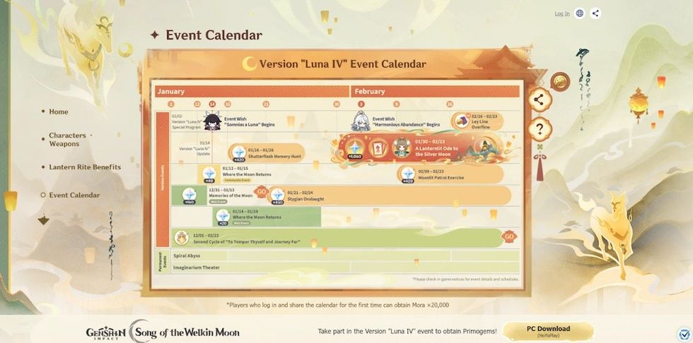Genshin Impact Luna IV event calendar with dates and activities for January and February.