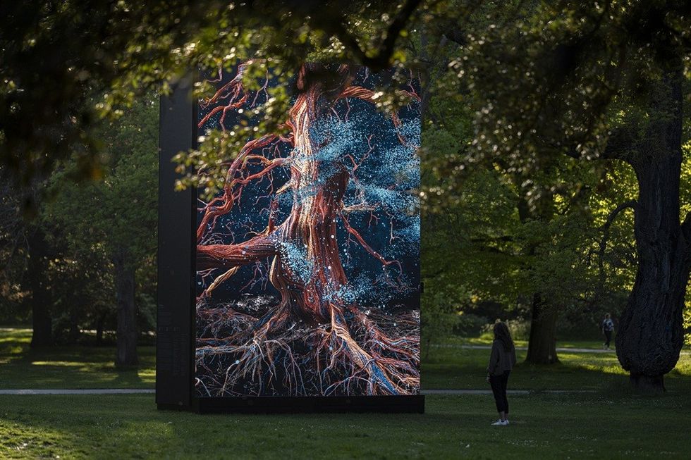 Giant digital tree display in a park with a person observing.