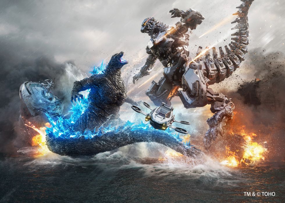 Giant monster battle in the ocean with a mechanical dragon and glowing titan, concept art for Godzilla the Ride: Great Clash