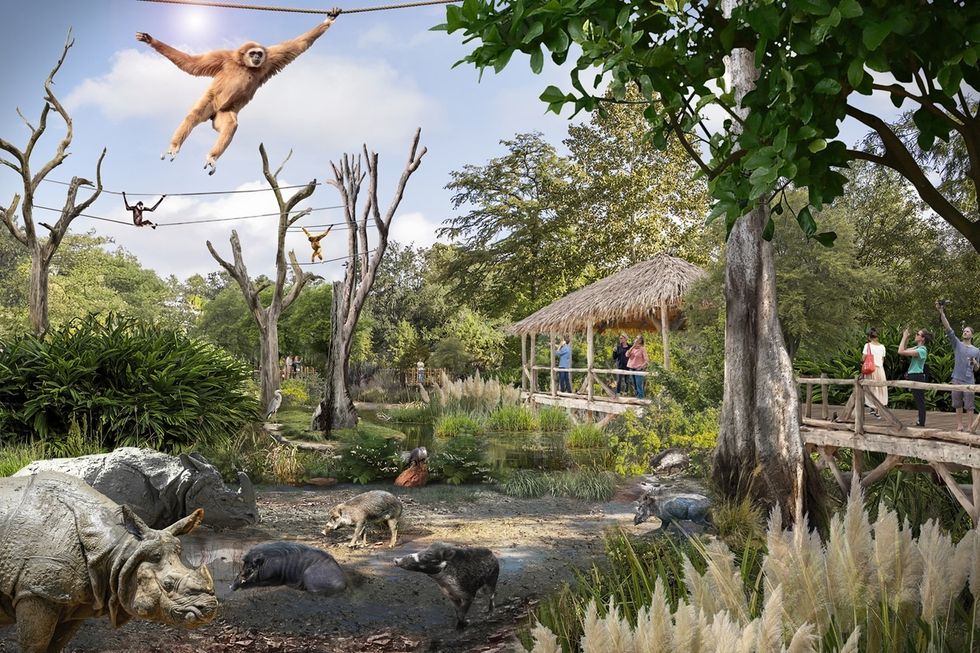 Gibbon on a rope above a zoo exhibit with rhino and spectators on a wooden path at Forests of Asia, Odense Zoo.