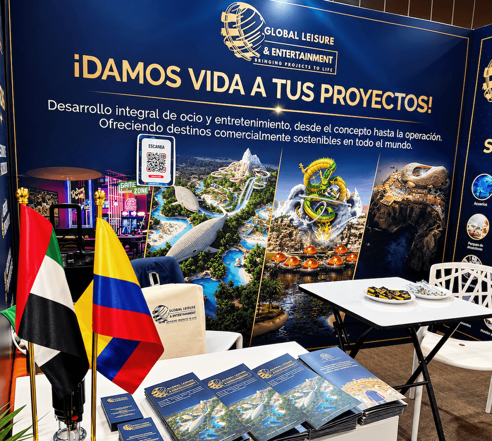 GLE trade show booth with brochures, flags, and leisure project images.
