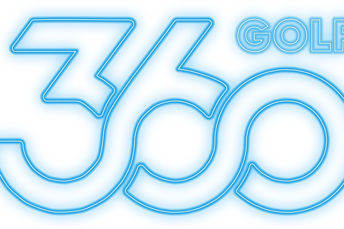Glowing blue "360 GOLF" logo on a white background.