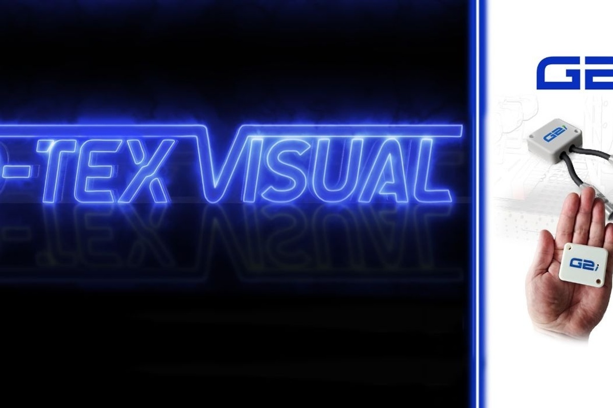 Glowing "D-TEX VISUAL" text and electronic device in hand labeled "G2i."