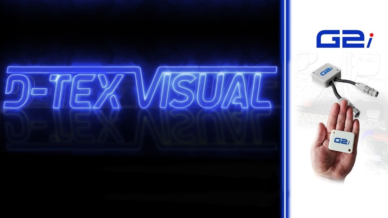 Glowing "D-TEX VISUAL" text and electronic device in hand labeled "G2i."