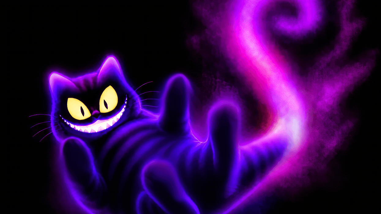Glowing purple Cheshire Cat with a wide grin and neon swirling tail on a dark background.