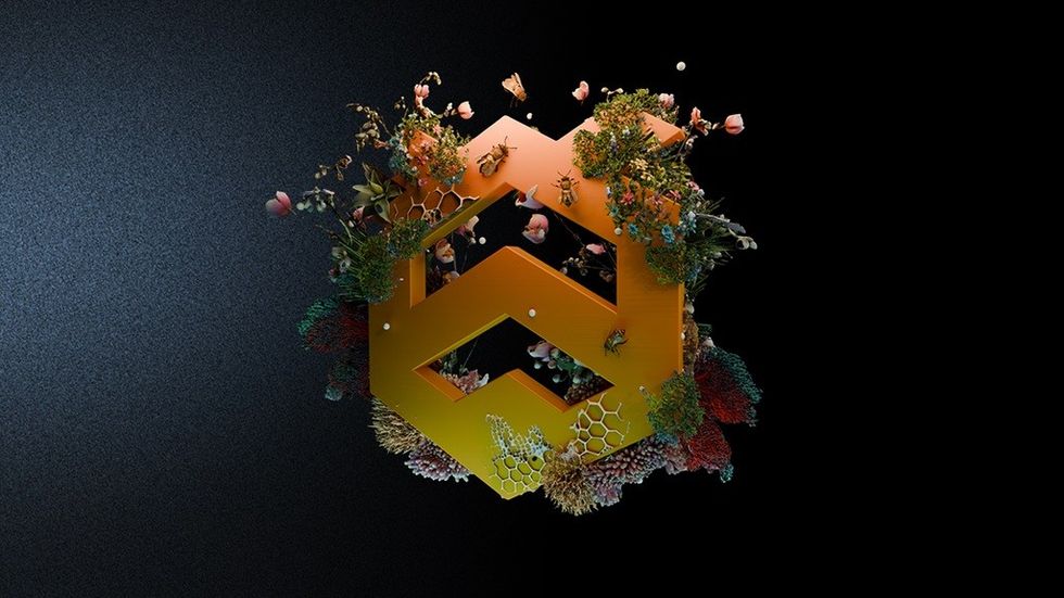 Golden geometric shape adorned with flowers and plants on a dark background.