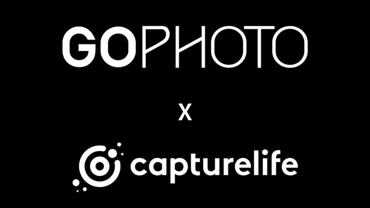 "GoPhoto and Capturelife collaboration logo on black background."