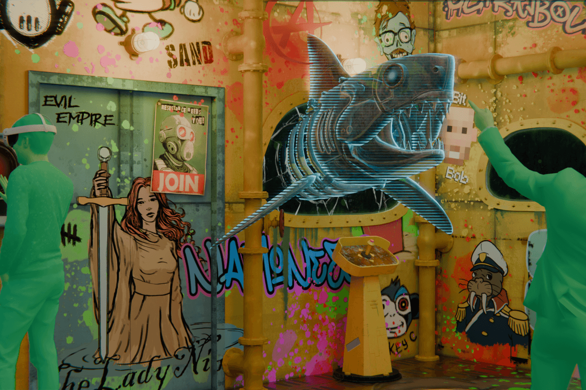 Graffiti-filled room with neon shark hologram and figures in green suits.
