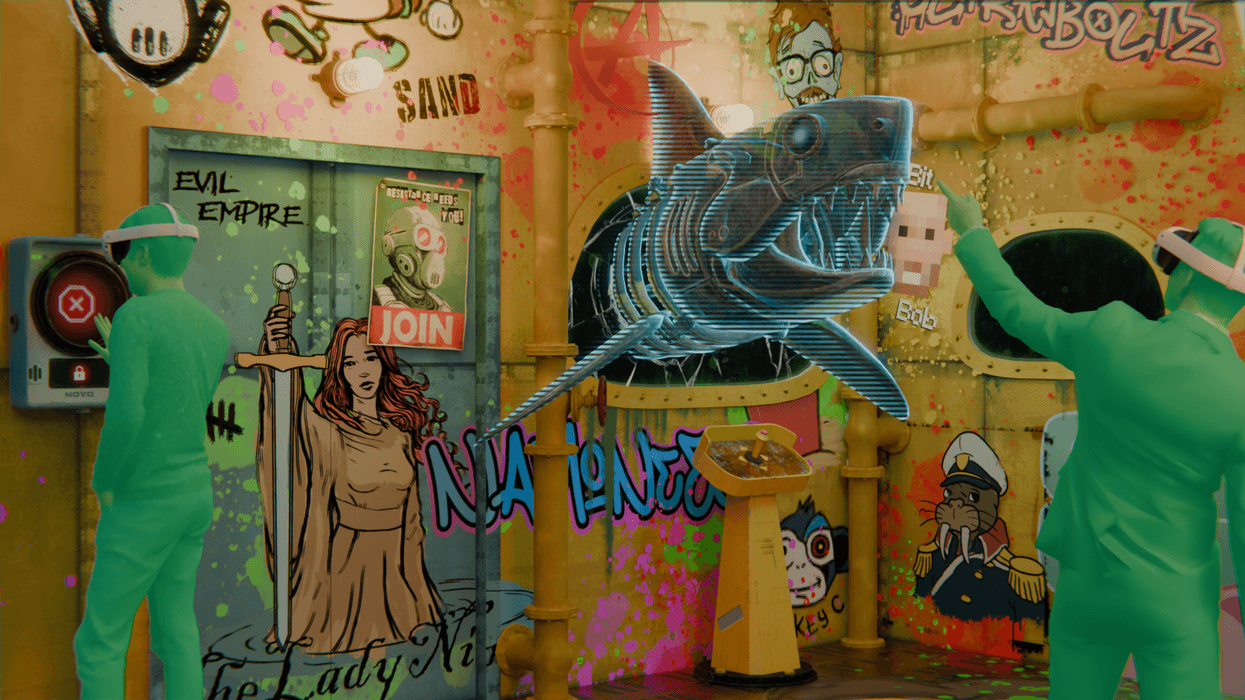 Graffiti-filled room with neon shark hologram and figures in green suits.