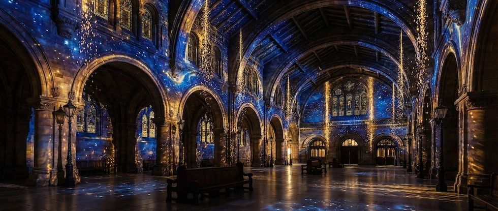 Grand hall with arches illuminated by starry lights and projections on walls and ceiling.