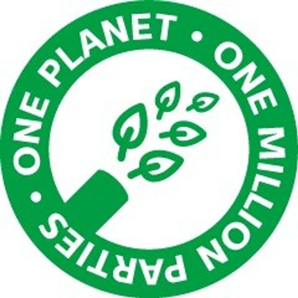 Green circle with leaves and text: "One Planet \u2022 One Million Parties".