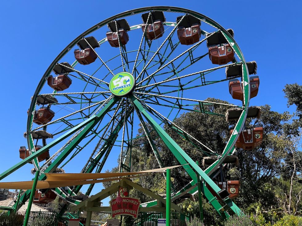 Green Ferris wheel with red gondolas under a clear blue sky.
